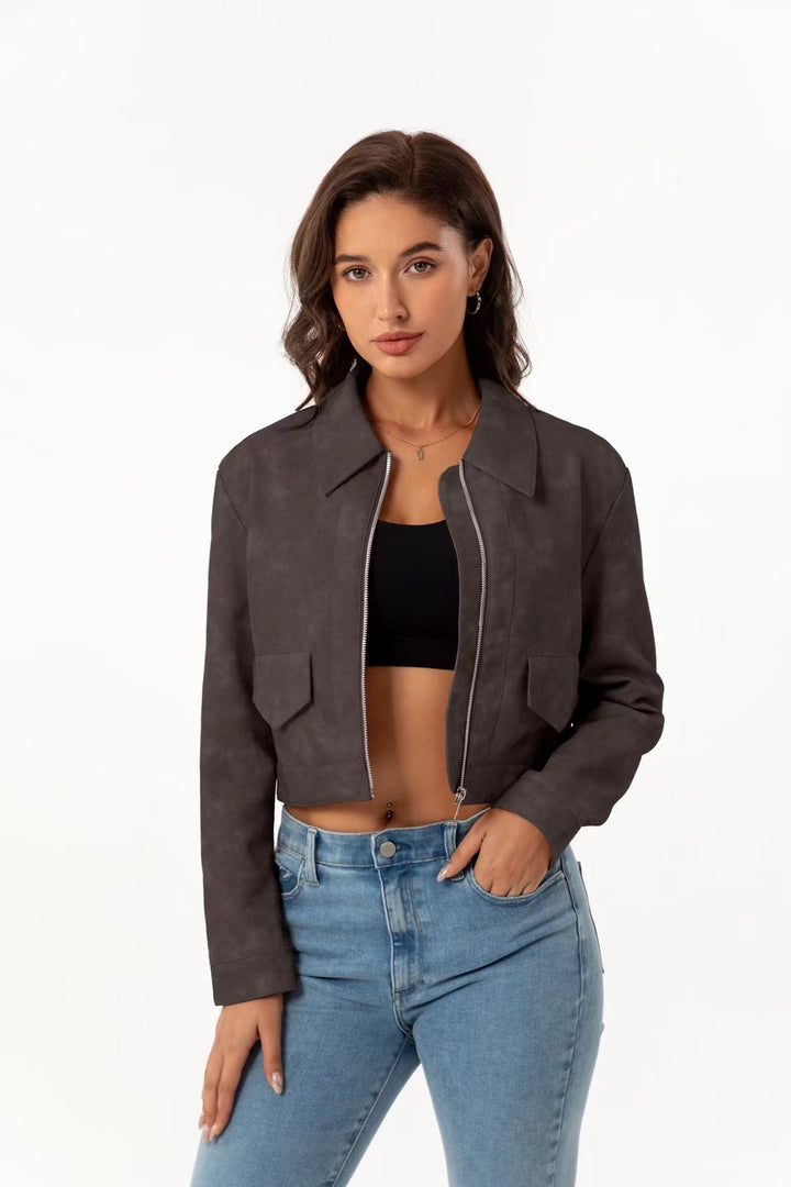 Damen modische cropped Jacke mit aufgesetzten Taschen Drune