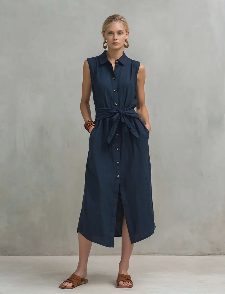 Damen Ärmelloses Hemdblusenkleid mit Wickelbund und Eingrifftaschen