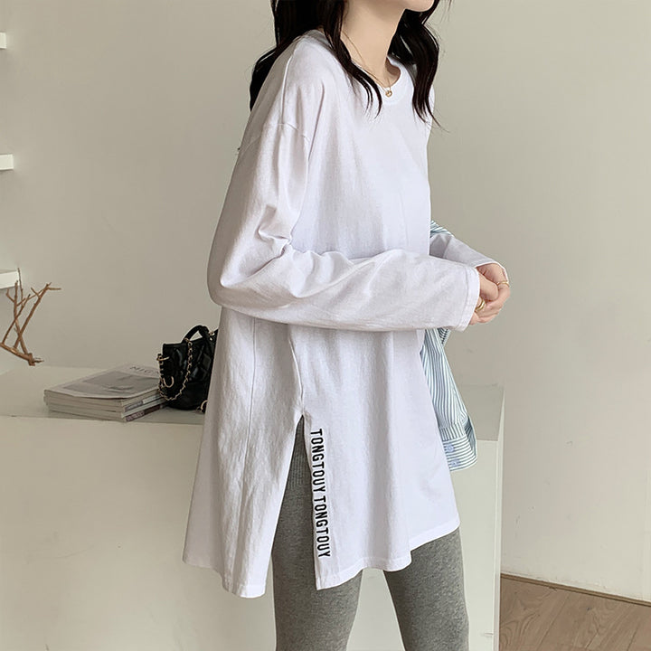 Damen längeres Oversized-Shirt mit seitlichen Schlitzen und modernem Schriftzug Drune