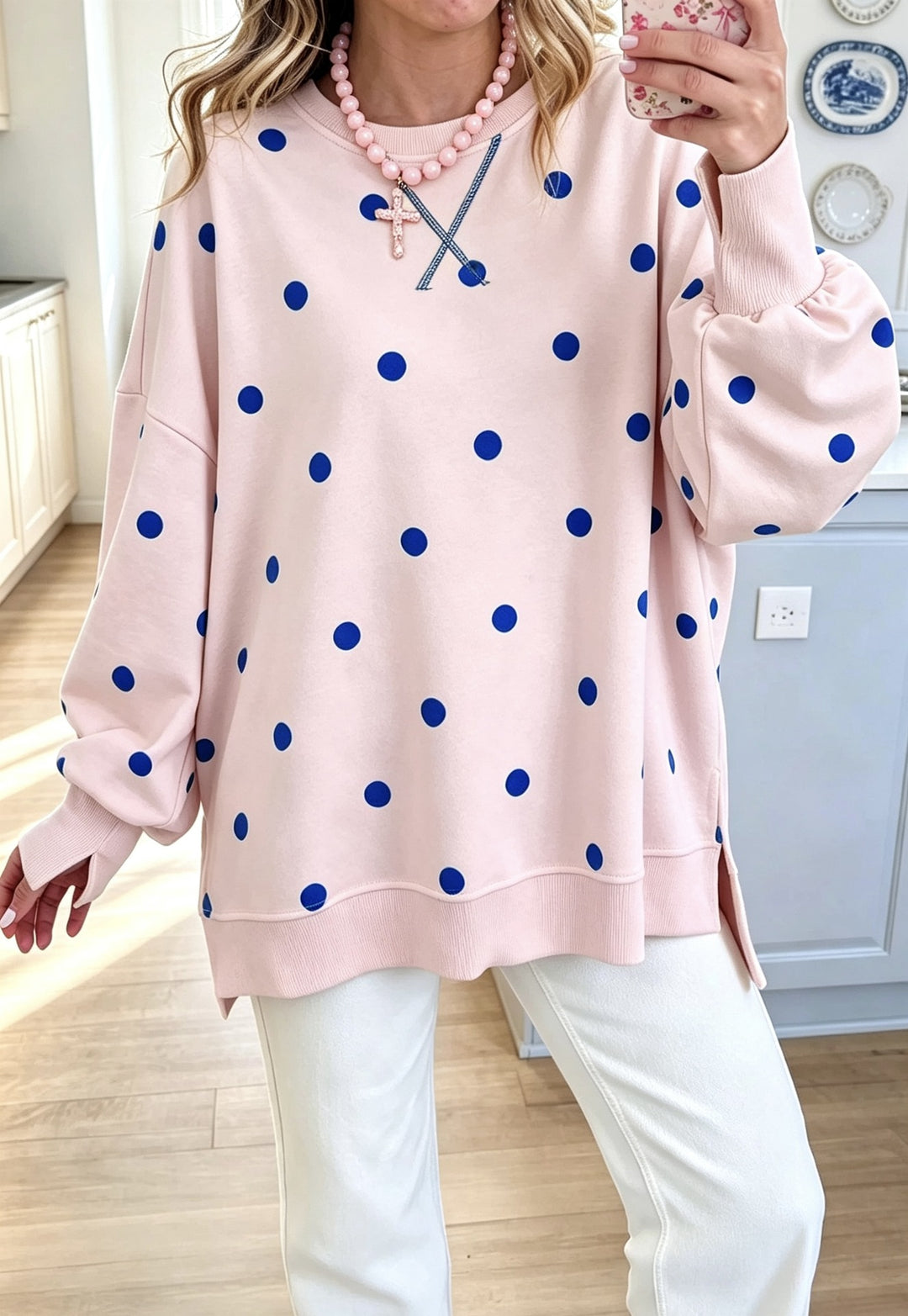 Damen Oversize-Sweatshirt mit Puffärmeln, Polka-Dots und Seitenschlitzen Drune