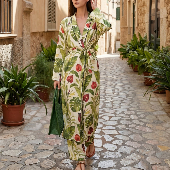 Damen Langer Kimono-Mantel mit Taillengürtel und weiter Palazzo-Hose im Tropenprint Drune