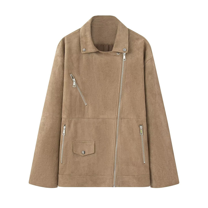 Damen nan lange Oversize-Bikerjacke in Veloursoptik mit diagonalem Reißverschluss und Mehrfachtaschen Drune