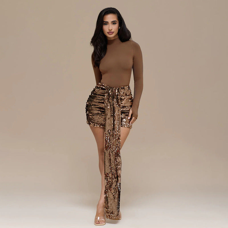 Damen Elegantes Mini-Kleid mit Glitzerdetails und Schärpe Drune
