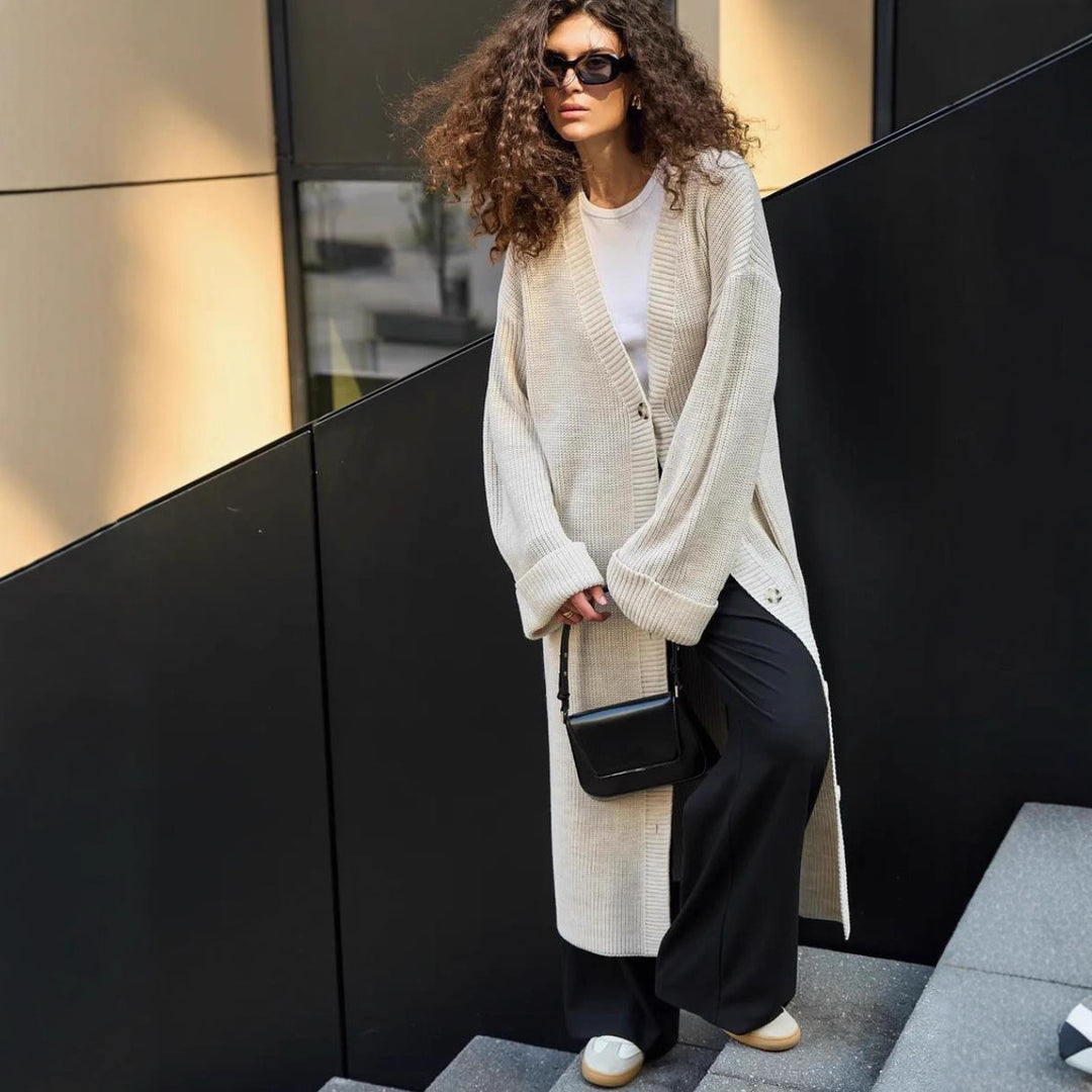 Damen Modischer Strickmantel mit weitem Schnitt und innovativen Knopfdetails Drune