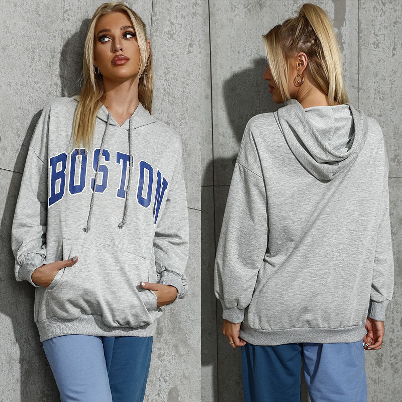 Damen Kapuzenpullover mit Collegestyle-Print, Kängurutasche und lässiger Oversize-Passform Drune