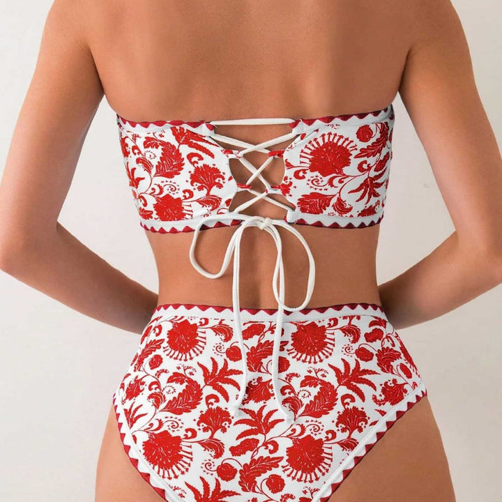 Damen Bandeau-Bikini-Set mit farbenfrohem floralen Muster und elastischem Gürtel Drune
