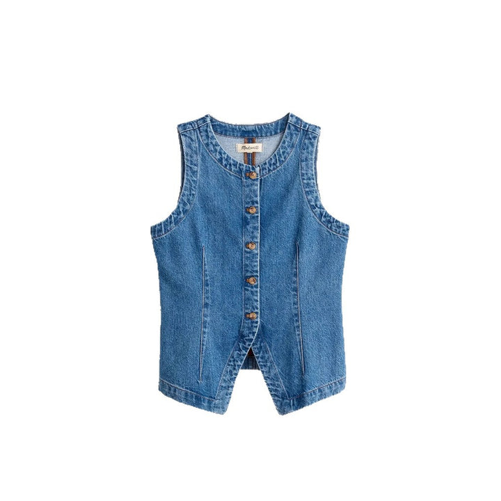 Damen Jeans-Weste mit asymmetrischem Schnitt und dekorativen Knöpfen Drune