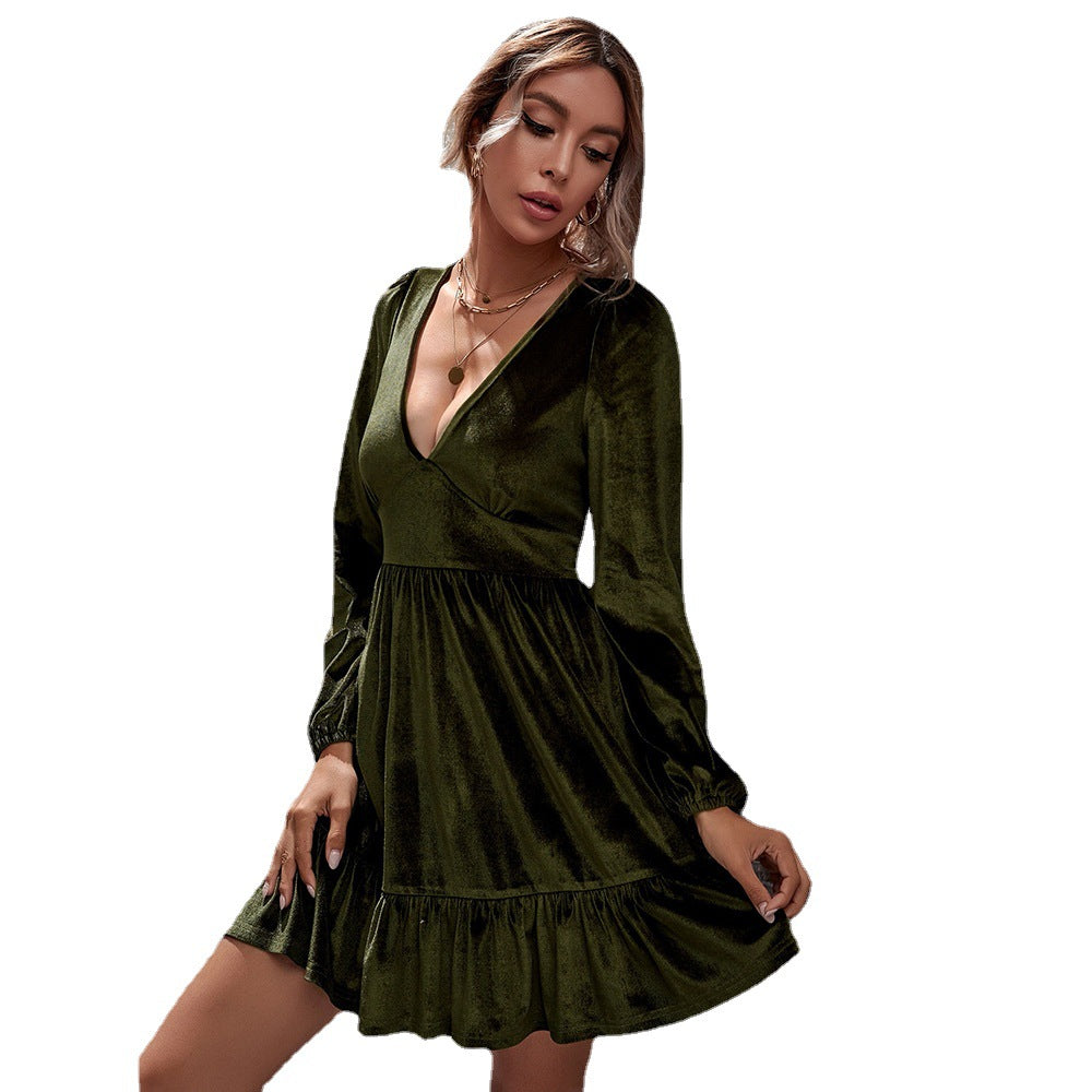 Damen samtiges V-Ausschnitt Minikleid mit Empire-Taille, langen Ärmeln und Volantrock Drune
