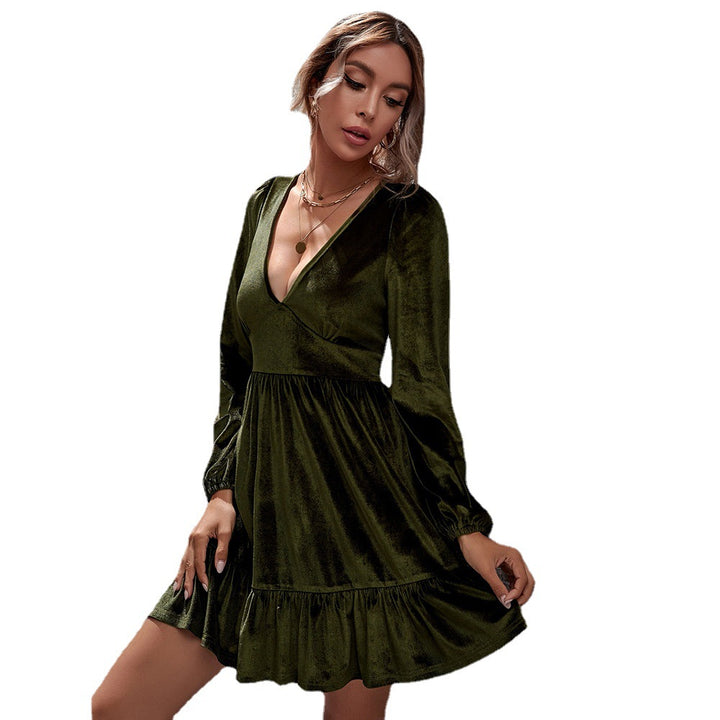 Damen samtiges V-Ausschnitt Minikleid mit Empire-Taille, langen Ärmeln und Volantrock Drune