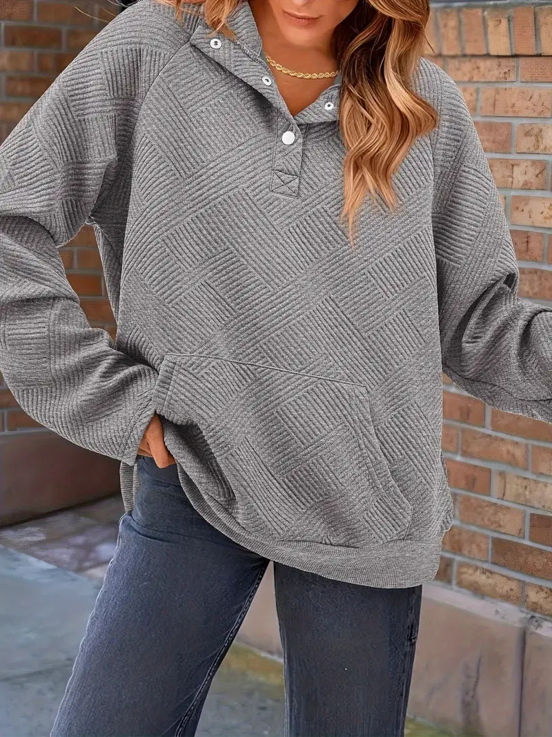 Damen Texturierter Oversize-Hoodie mit Henley-Knopfleiste und Kängurutasche Drune