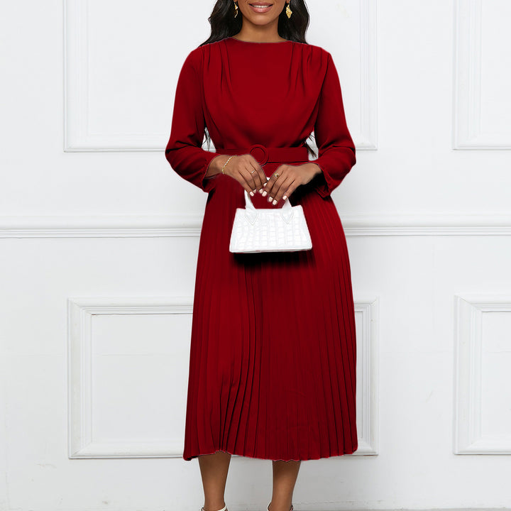 Damen Plisseekleid mit angesetztem Gürtel und eleganten Falten Drune