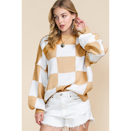 Damen Oversized Pullover mit Karomuster und voluminösen Ärmeln Drune