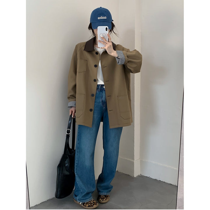 Damen Oversize Kurzjacke im Trenchstil mit Lederoptik-Kragen und karierten Umschlagmanschetten Drune