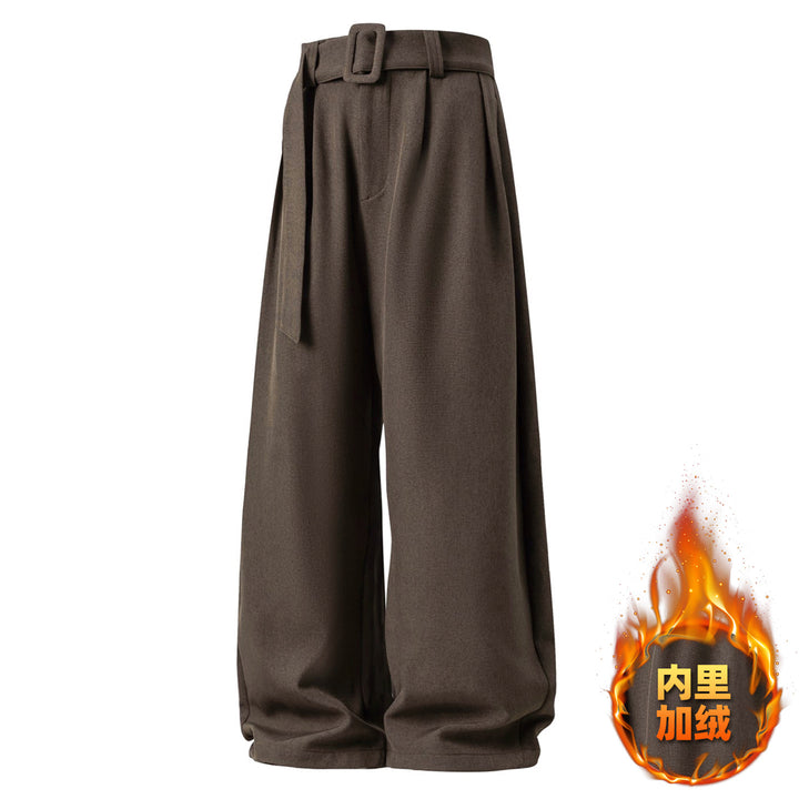 Damen Weite High-Waist Palazzo-Hose mit Bundfalten und Bindegürtel Drune