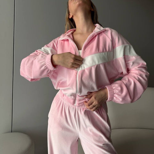 Damen Plüschiges Velours-Loungewear-Set mit Reißverschlussjacke und elastischem Taillenbund Drune