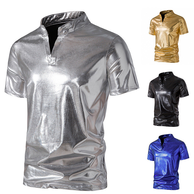 Herren modisches Metallic-T-Shirt mit hohem Kragen und kreativem Schnitt Drune