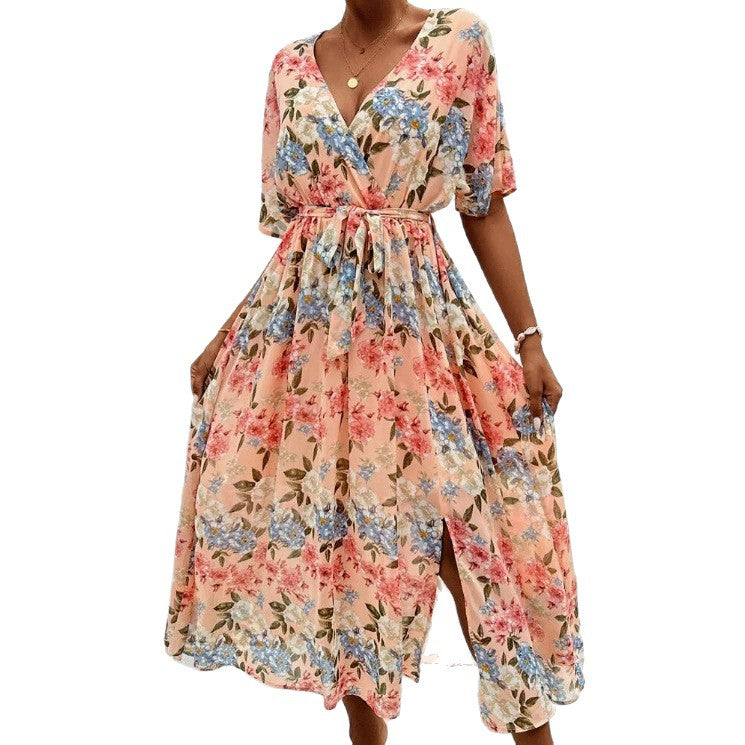 Damen nan florales V-Ausschnitt-Bindekleid mit tailliertem Gürtel und seitlichem Beinschlitz Drune