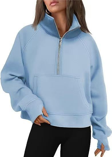 Damen nan oversized Halbzip Pullover mit Kängurutasche, Daumenlöchern und hohem Kragen Drune