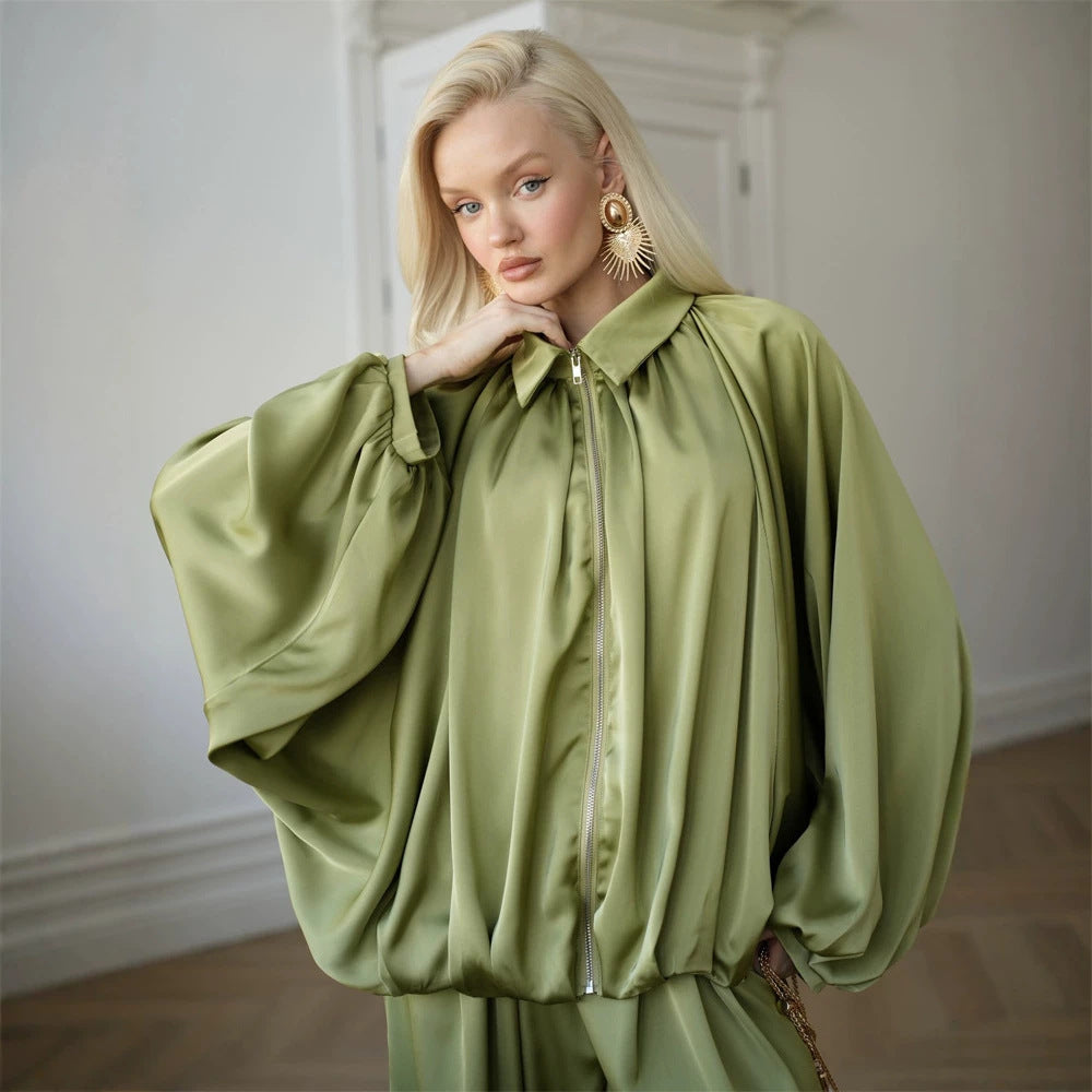 Damen Elegantes Satin-Zweiteiler-Set mit Oversize-Blouson und weiter Palazzo-Hose Drune
