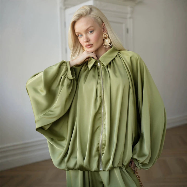 Damen Elegantes Satin-Zweiteiler-Set mit Oversize-Blouson und weiter Palazzo-Hose Drune