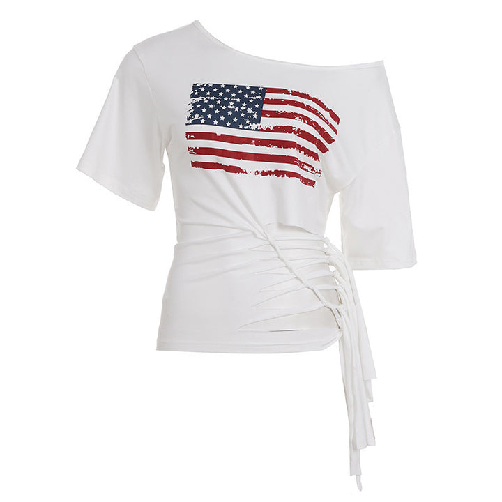 Damen Crop-Top mit Flaggenmotiv und raffinierten Fransen Drune