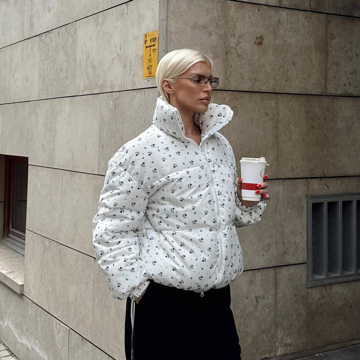 Damen Steppjacke mit floralen Mustern und hohem Kragen Drune