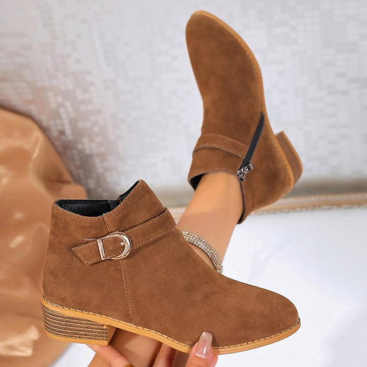 Damen Veloursleder-Ankle-Boots mit seitlichem Reißverschluss, Zier-Schnalle und niedrigem Blockabsatz Drune