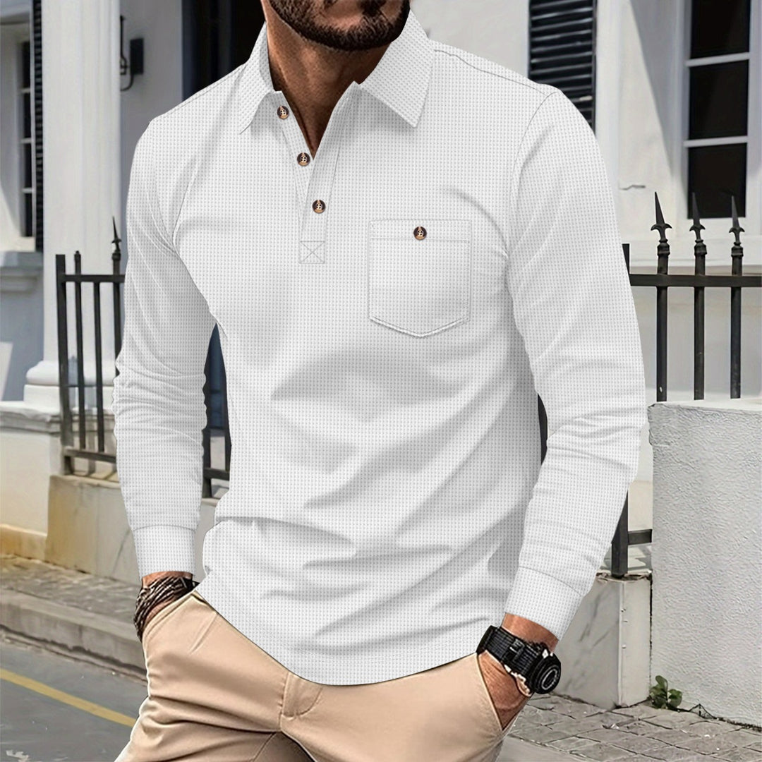 Herren nan strukturierter Langarm-Polo mit Brusttasche und Hemdkragen Drune