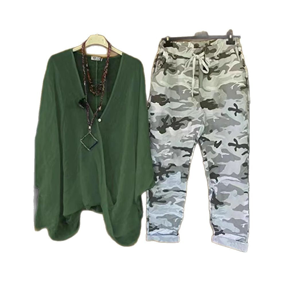 Damen nan Zweiteiler aus fließendem Kimono-Top und Camouflage-Jogginghose Drune