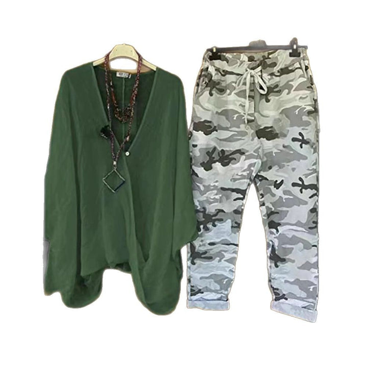 Damen nan Zweiteiler aus fließendem Kimono-Top und Camouflage-Jogginghose Drune