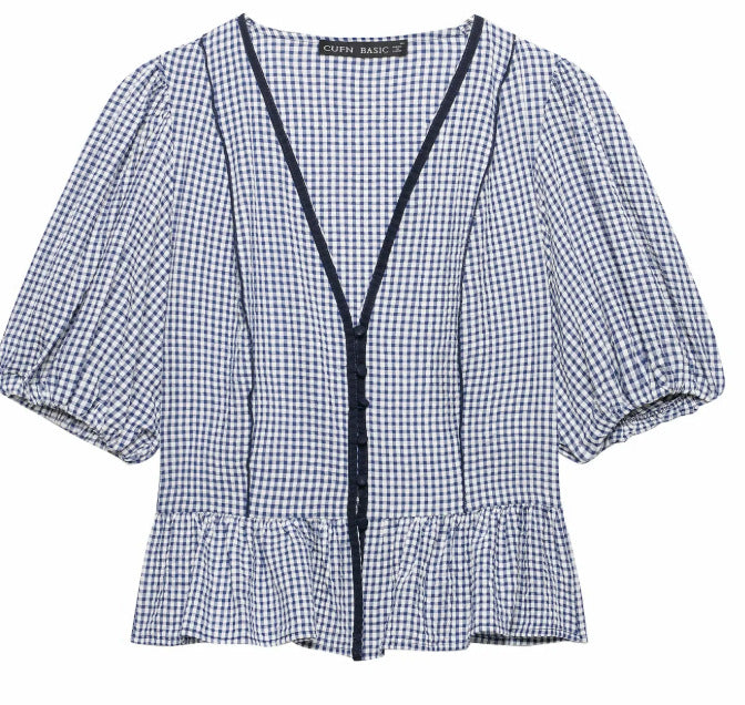 Damen Gingham‑Bluse mit V‑Ausschnitt, Puffärmeln und Volantbesatz Drune