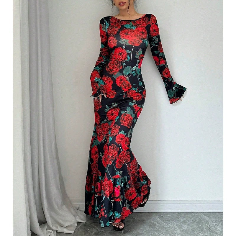 Damen nan eng anliegendes Maxikleid mit Meerjungfrauen-Schnitt, langen Glockenärmeln und Rüschensaum Drune