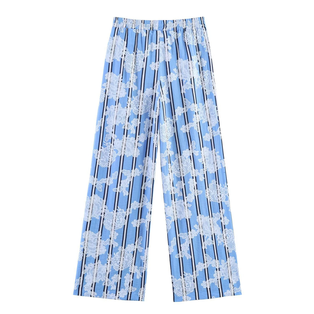 Damen Weite Palazzo-Hose mit elastischem Bund und floralem Streifen-Print Drune