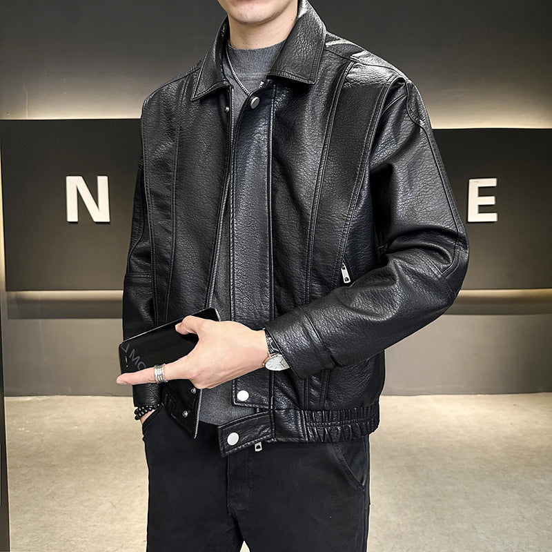 Herren Kurzer Oversized Lederimitat-Blouson mit Stehkragen, Reißverschluss und elastischem Saum Drune