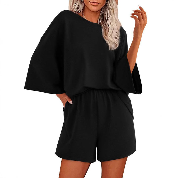 Damen Oversized Fledermaus Kurzarm Lounge Oberteil und Shorts Set mit Elastischem Bund Drune