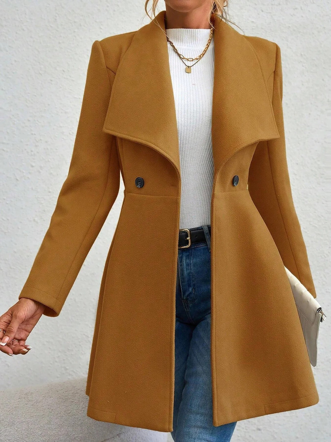 Damen eleganter Wollmantel mit modischem Revers und doppelter Knopfleiste Drune
