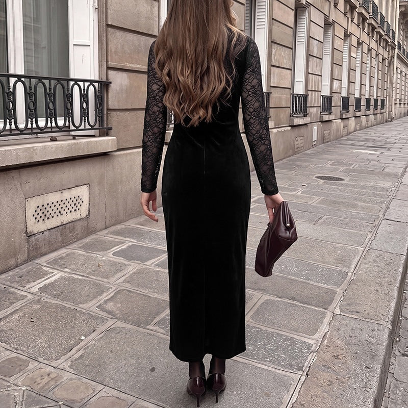 Damen Abendkleid mit transparenten Spitzenärmeln, Samtrock und Illusions‑Herzausschnitt Drune