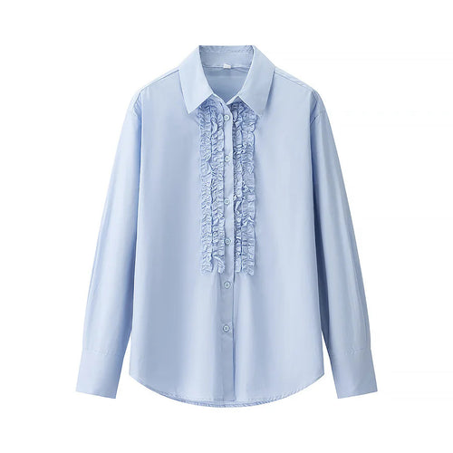 Damen nan Rüschen-Hemdbluse aus Baumwollmix, langärmlig und leicht oversized Drune