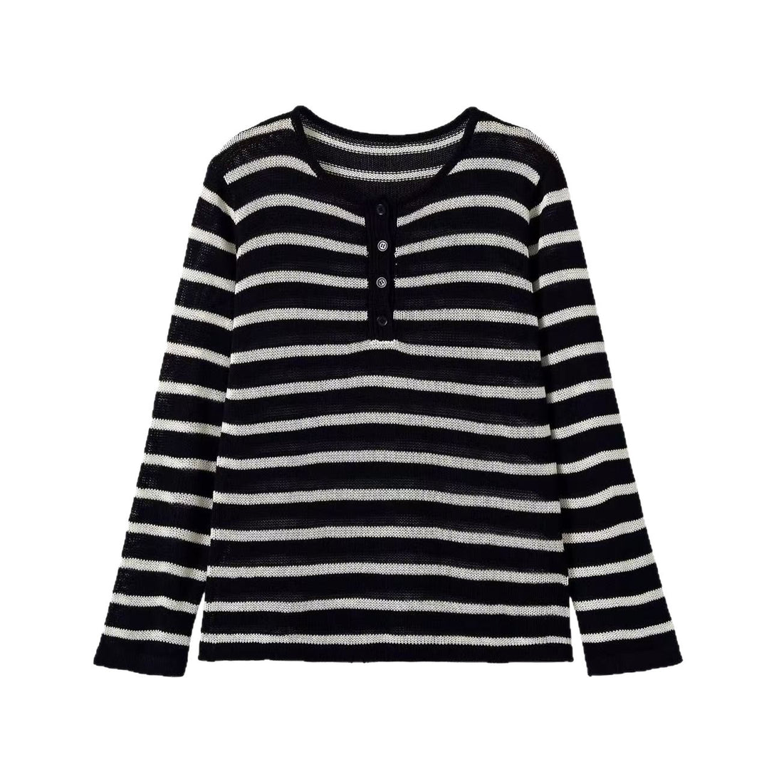 Damen Gestreifter Feinstrick-Pullover mit Knopfleiste und Rundhalsausschnitt Drune