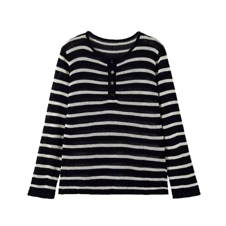 Damen Gestreifter Feinstrick-Pullover mit Knopfleiste und Rundhalsausschnitt Drune