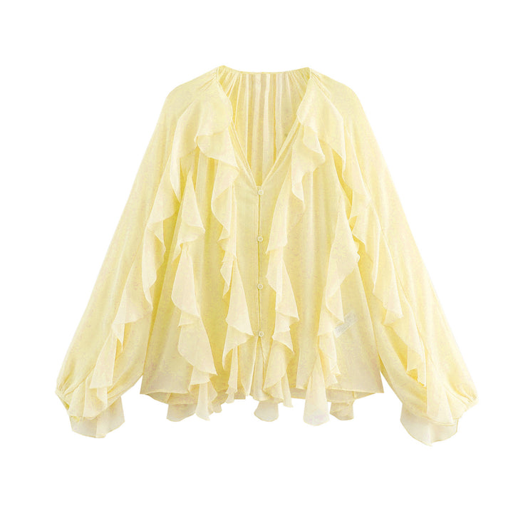 Damen nan feminine Chiffon-Volantbluse mit Ballonärmeln und V-Ausschnitt Drune