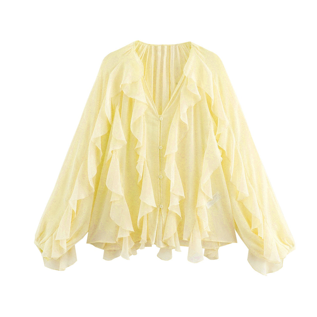 Damen nan feminine Chiffon-Volantbluse mit Ballonärmeln und V-Ausschnitt Drune
