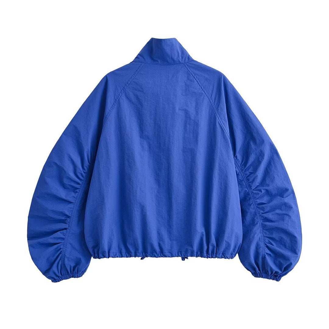 Damen Cropped Blousonjacke mit Stehkragen, voluminösen Ballonärmeln und Tunnelzugsaum Drune