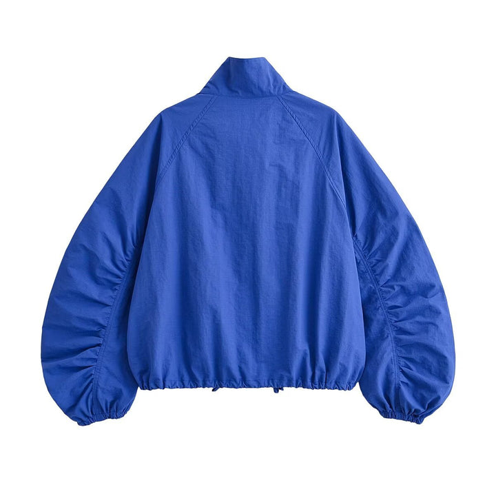 Damen Cropped Blousonjacke mit Stehkragen, voluminösen Ballonärmeln und Tunnelzugsaum Drune