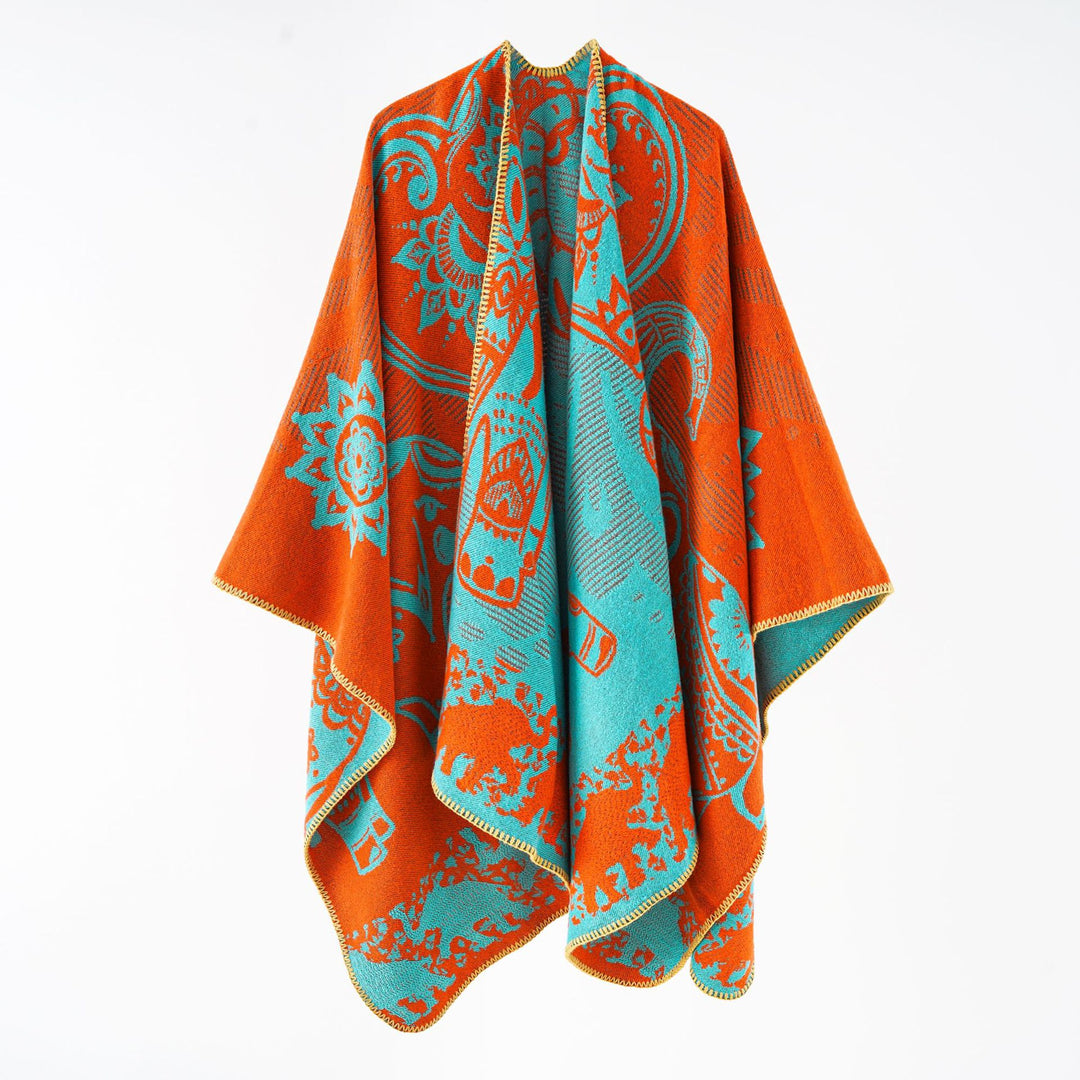 Damen Jacquard-Überwurfponcho mit doppelseitiger Webstruktur und Zierstichkante Drune