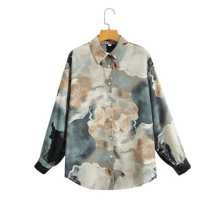 Damen Seidenoptik-Hemdbluse mit abstraktem Print und Oversize-Schnitt Drune