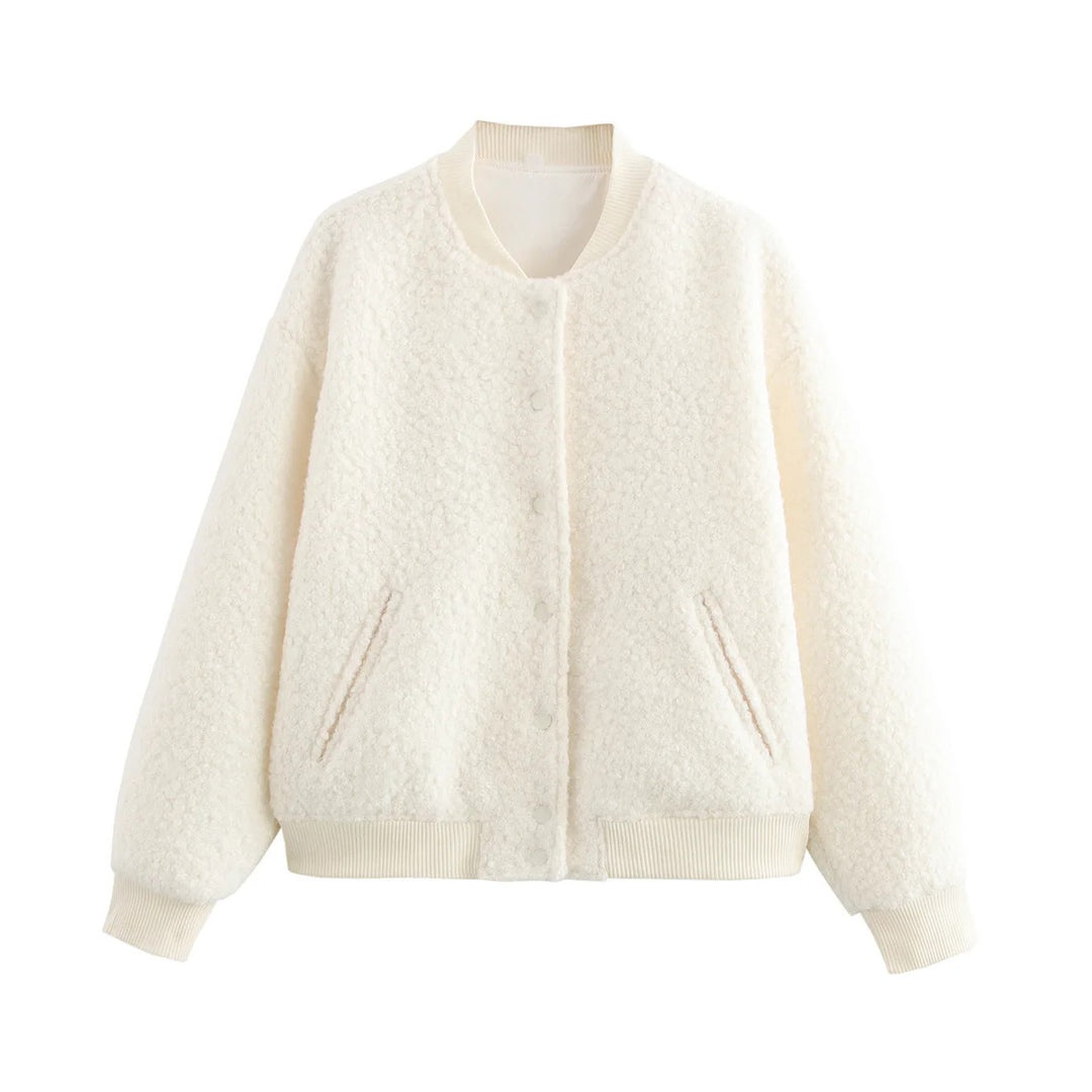 Damen nan kuschelige Teddy-Bomberjacke im College‑Style mit verdeckter Druckknopfleiste und eingearbeiteten Taschen Drune