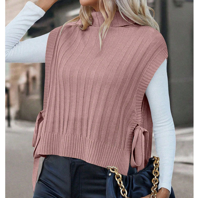 Damen Kurzarm Strick-Oberteil mit rollkragen und Schleifendetails Drune