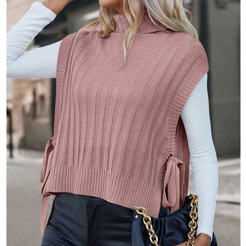 Damen Kurzarm Strick-Oberteil mit rollkragen und Schleifendetails Drune