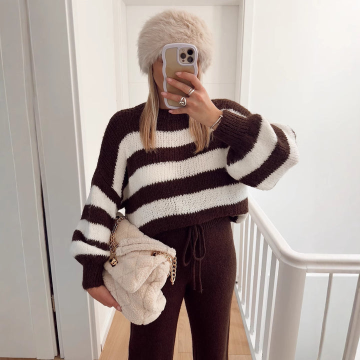 Damen Kuscheliger Cropped-Pullover mit breiten Streifen und hohem Kragen Drune